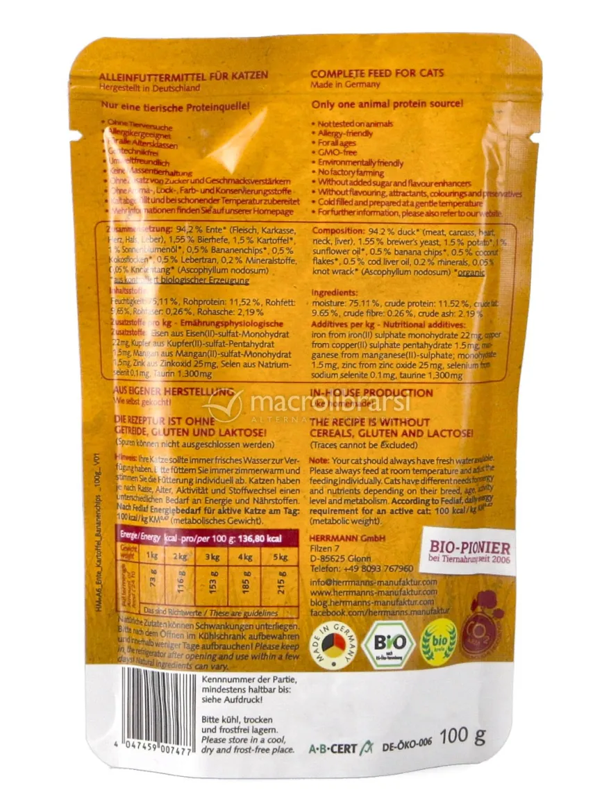 Anatra Bio con Patate Dolci e Banana per Gatti - 100g