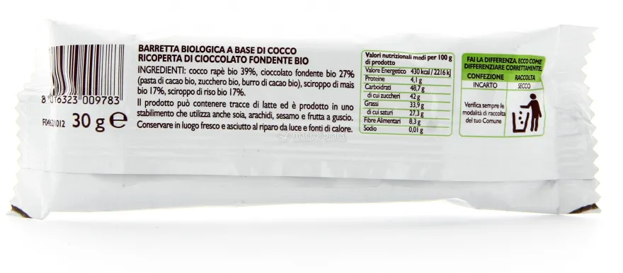 Barretta Bio Noce di Cocco Ricoperta di Cioccolato Fondente