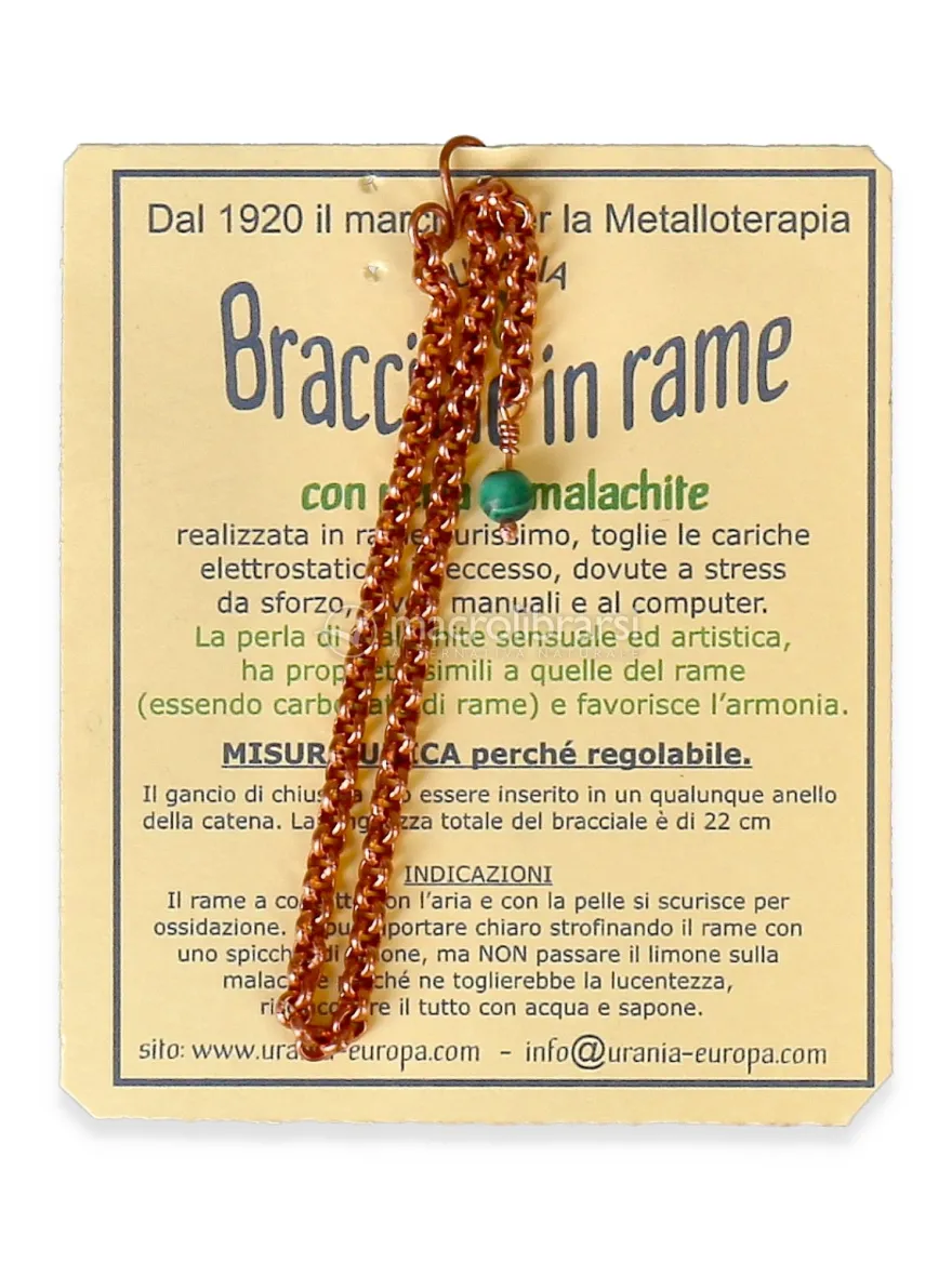 Bracciale in Rame con Catena Fine e Perla di Malachite
