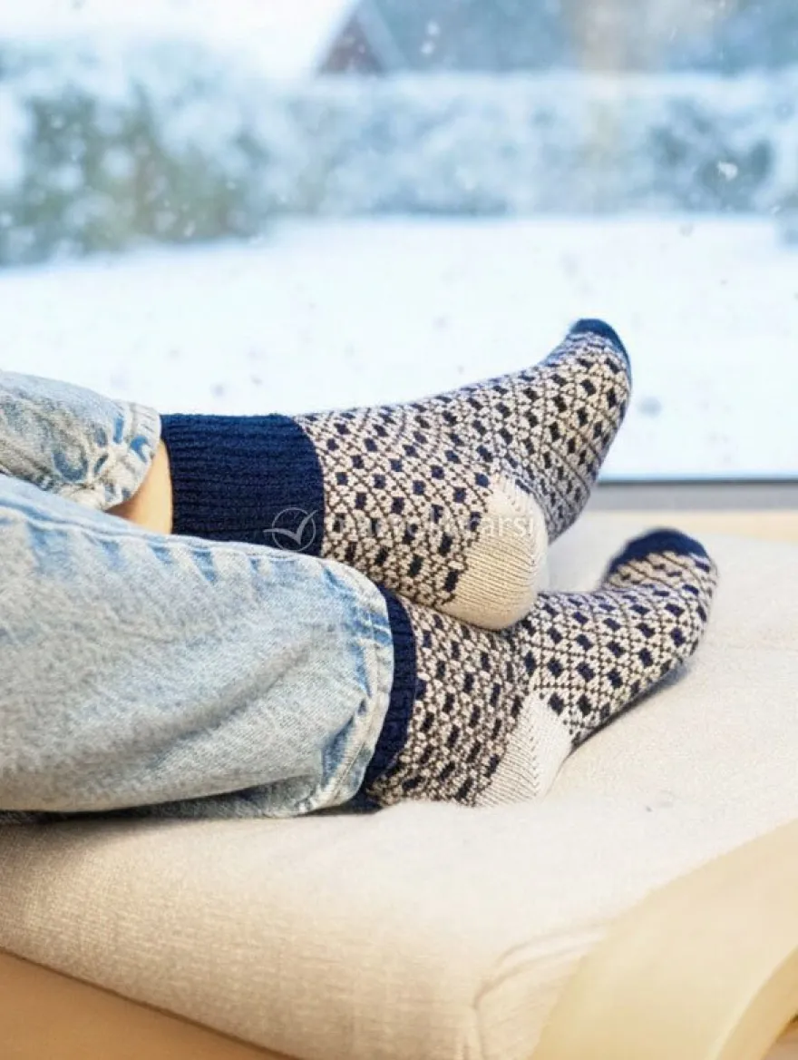 Calzini Jacquard Donna in Lana Merinos "Tessea" - Blu e Grigio - Taglia 39/42