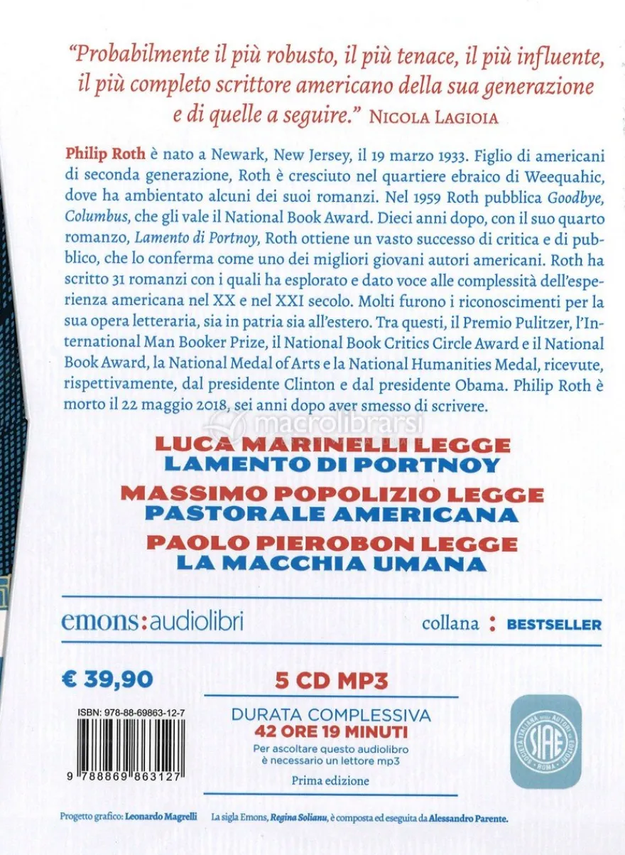 Cofanetto Audiolibri Philip Roth - 5 Cd Mp3