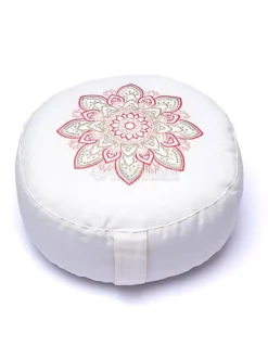 Cuscino Tondo in Cotone per Meditazione e Yoga - Bianco - Ricamo Mandala