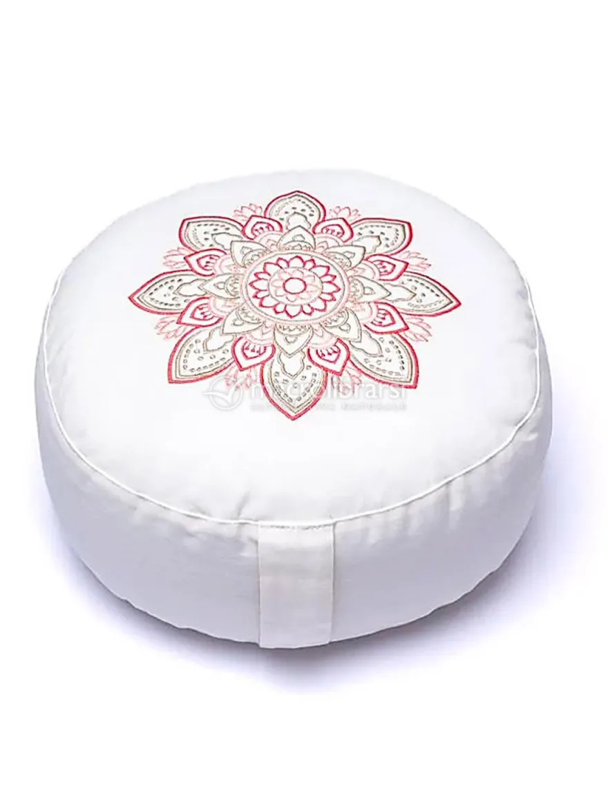 Cuscino Tondo in Cotone per Meditazione e Yoga - Bianco - Ricamo Mandala
