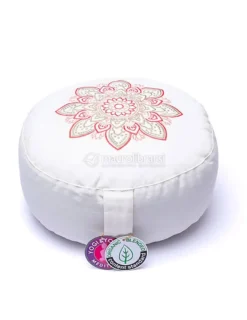 Cuscino Tondo in Cotone per Meditazione e Yoga - Bianco - Ricamo Mandala