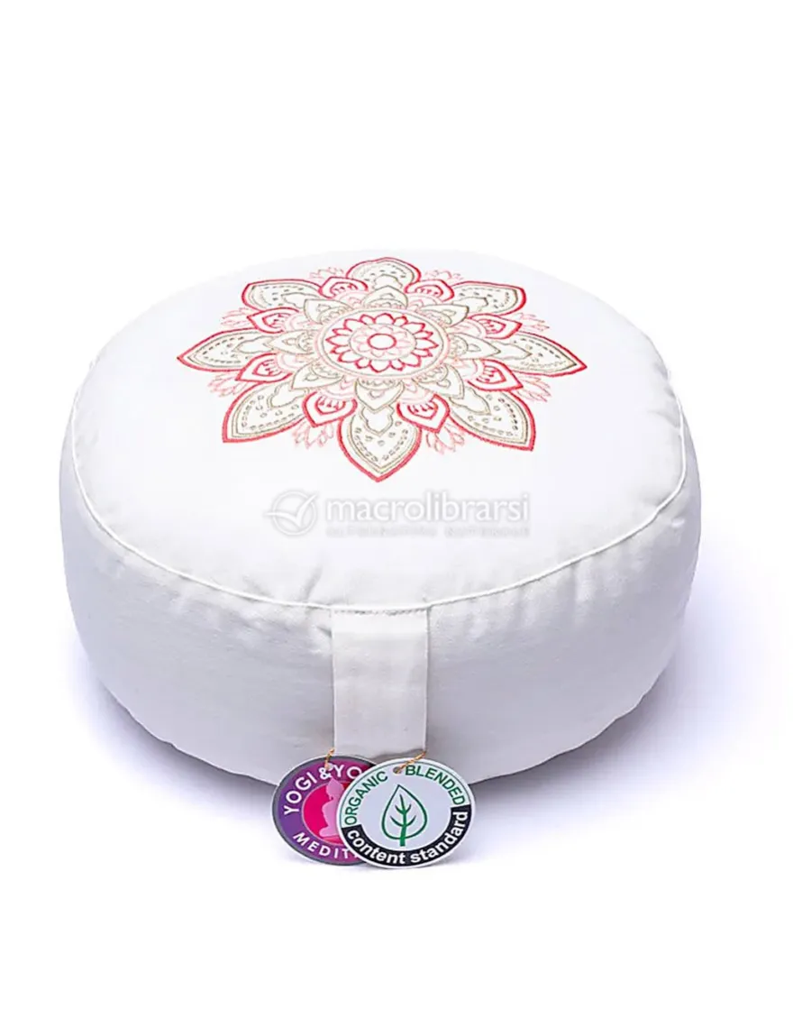 Cuscino Tondo in Cotone per Meditazione e Yoga - Bianco - Ricamo Mandala