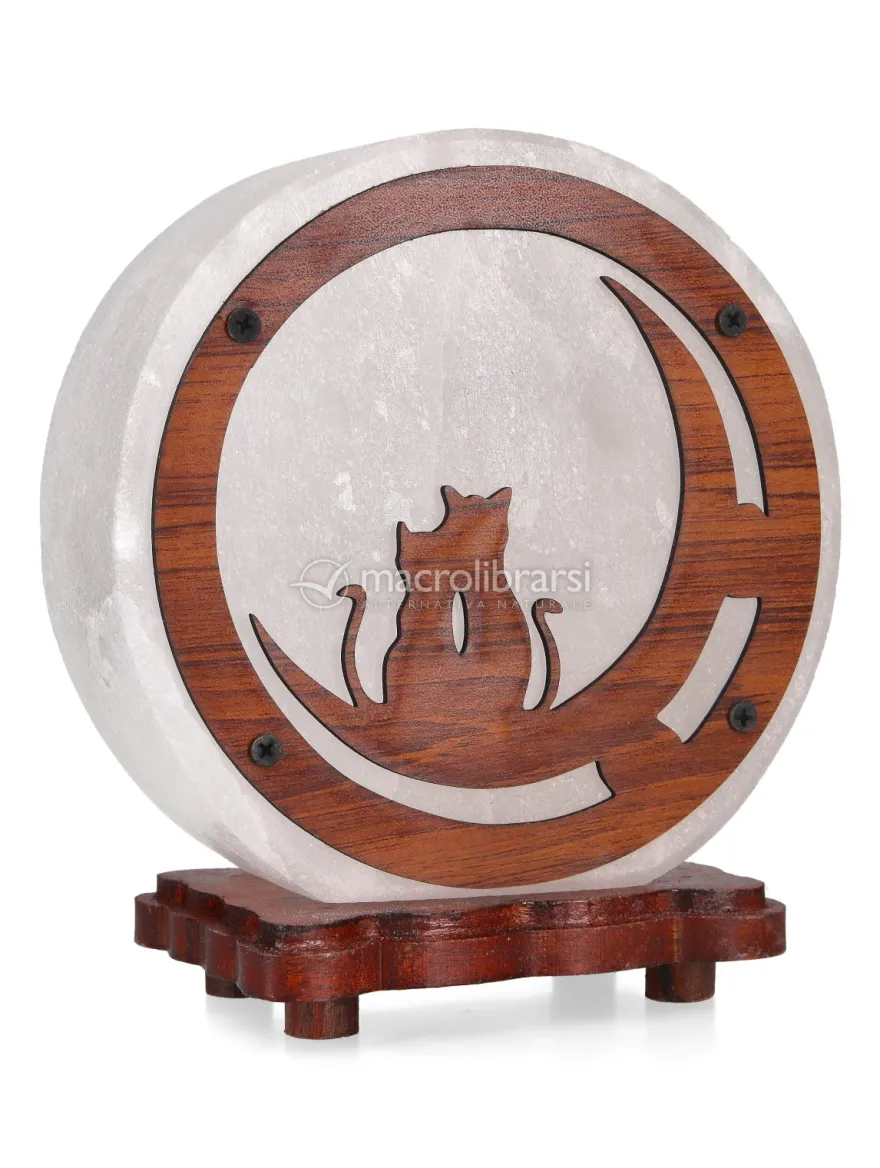 Lampada di Sale Bianca Tonda con Base in Legno - Gatti