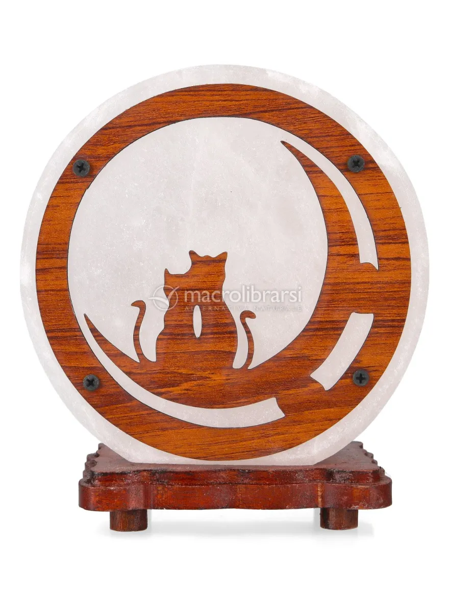 Lampada di Sale Bianca Tonda con Base in Legno - Gatti