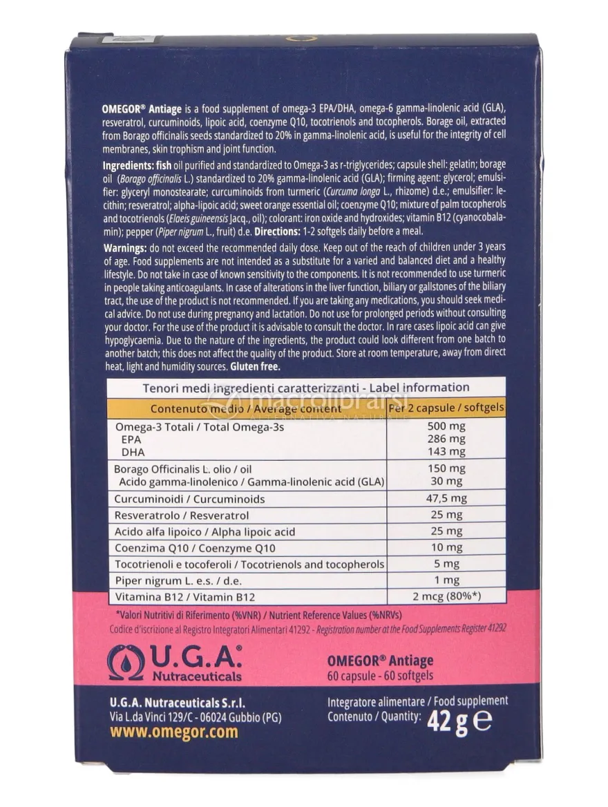 Omegor Anti-Age - Integratore Alimentare di acidi grassi Omega-3 EPA/DHA e Omega-6 GLA