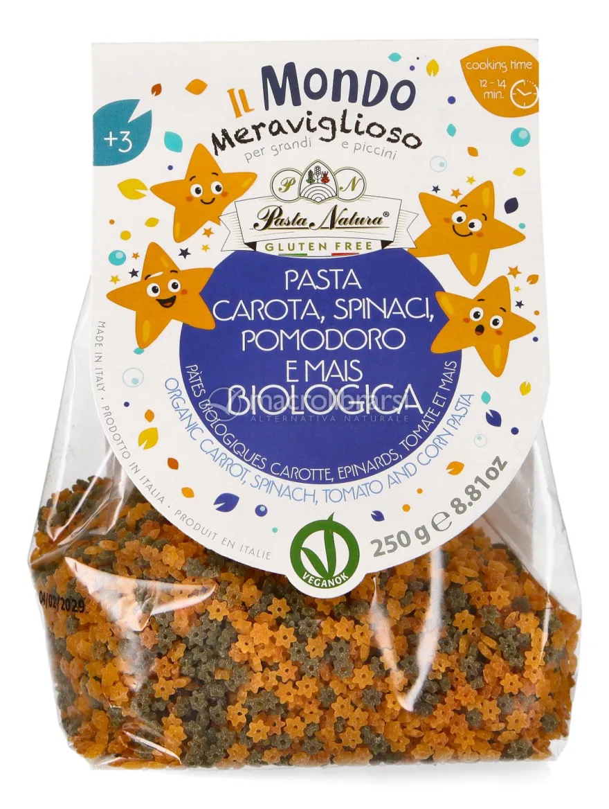 Pasta con Carota, Spinaci, Pomodoro e Mais Bio - Stelline
