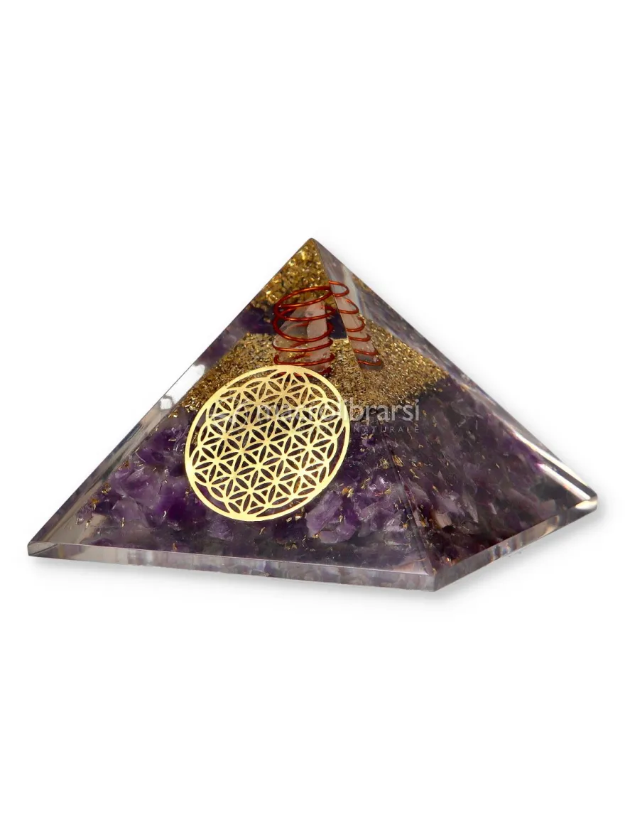 Piramide in Orgonite e Ametista - Fiore della Vita - Bassa