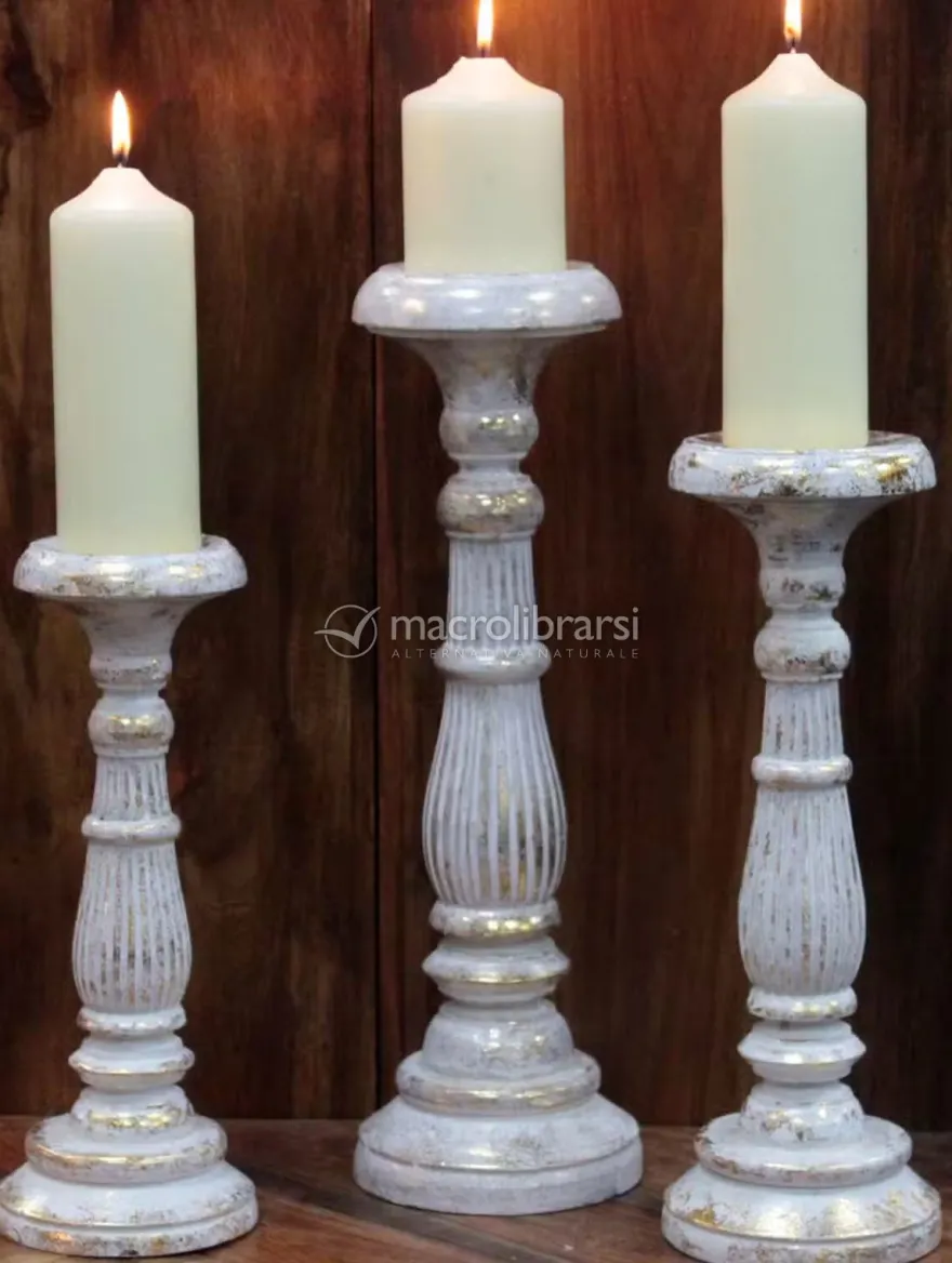Portacandele Piccolo in Legno Bianco e Oro