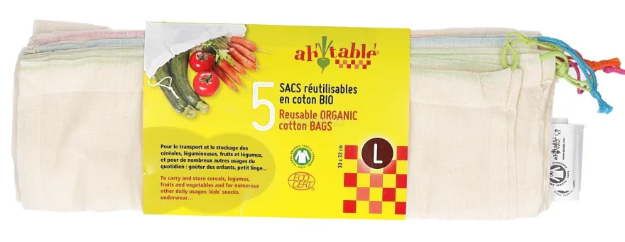 Sacchetti Frutta e Verdura Riutilizzabili in Cotone - Taglia L - 5 Sacchetti