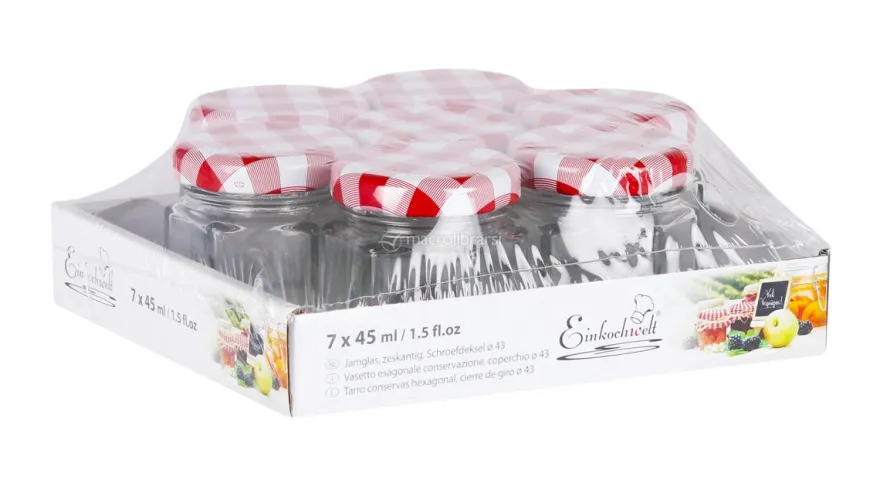 Set 7 Vasetti Esagonali da 45 ml - Coperchio Bianco Rosso