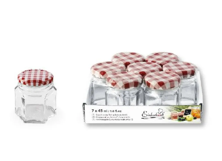 Set 7 Vasetti Esagonali da 45 ml - Coperchio Bianco Rosso