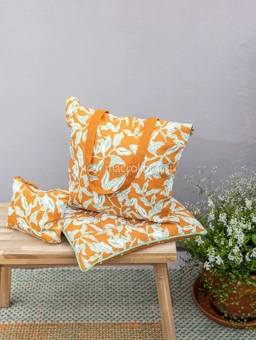 Shopper in Cotone Bio Arancione con Foglie Verdi