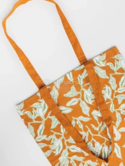 Shopper in Cotone Bio Arancione con Foglie Verdi