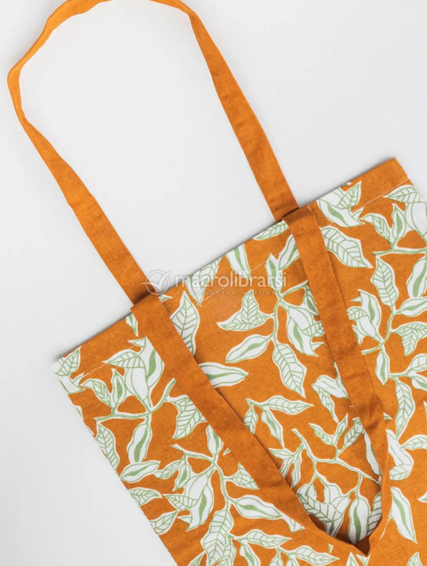 Shopper in Cotone Bio Arancione con Foglie Verdi