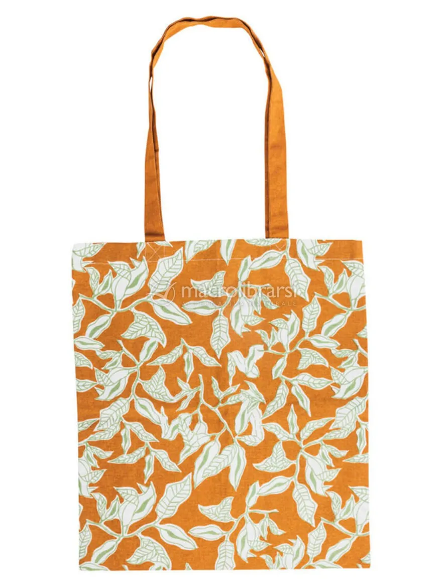 Shopper in Cotone Bio Arancione con Foglie Verdi