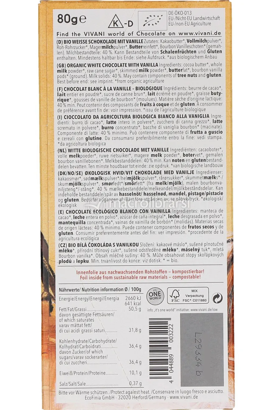 Tavoletta di Cioccolato Bianco alla Vaniglia Bio
